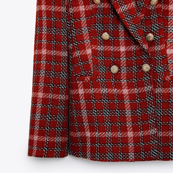 Zara plaid double breasted blazer red black - Picture 2 of 3